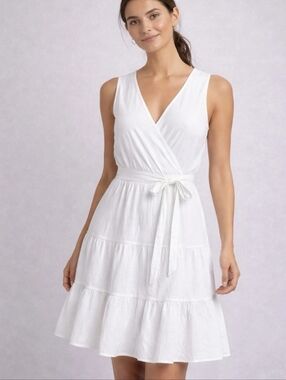 Express Dress Size S White Sleeveless V-Neck Faux Wrap Belted Tiered Graduation